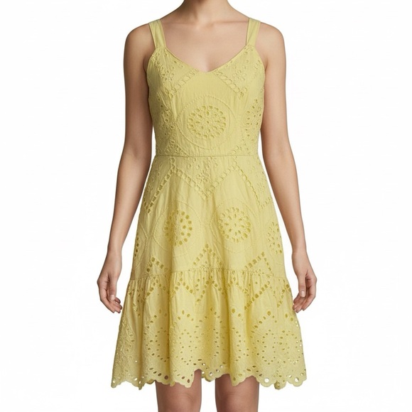 Japna Dresses & Skirts - Japna Eyelet Cotton Sundress with Smocked Back & Ruffle Hem Yellow Dress S